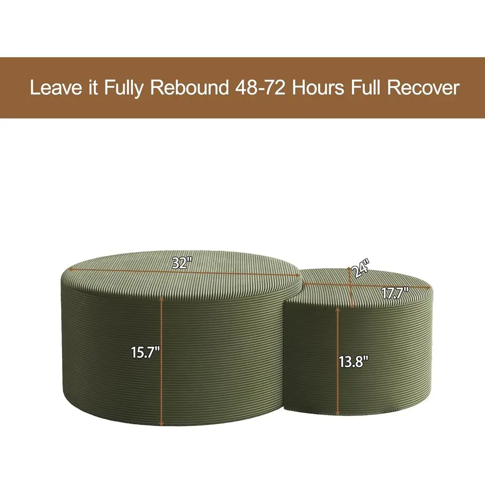 グリーンコーデュロイ張りの丸型オットマンのペア、32インチと17インチのリビングルームと玄関用サイドテーブル、フットレスト付き、組み立て不要