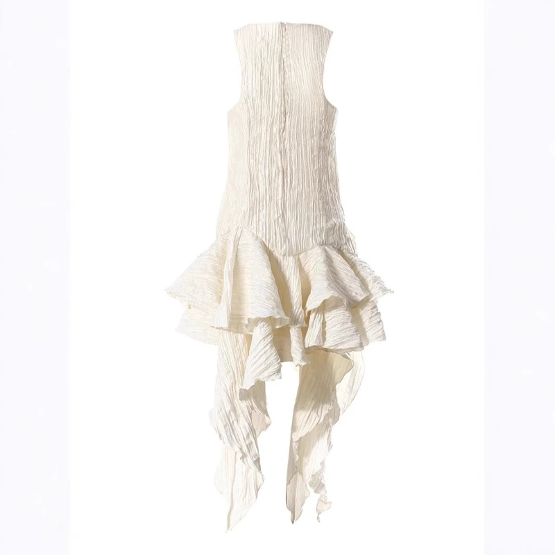 CHICEVER ไม่สมมาตร Patchwork Appliques ชุดผู้หญิง O คอแขนกุดเอวสูง Spliced Ruffles Minimalist กระโปรงหญิง