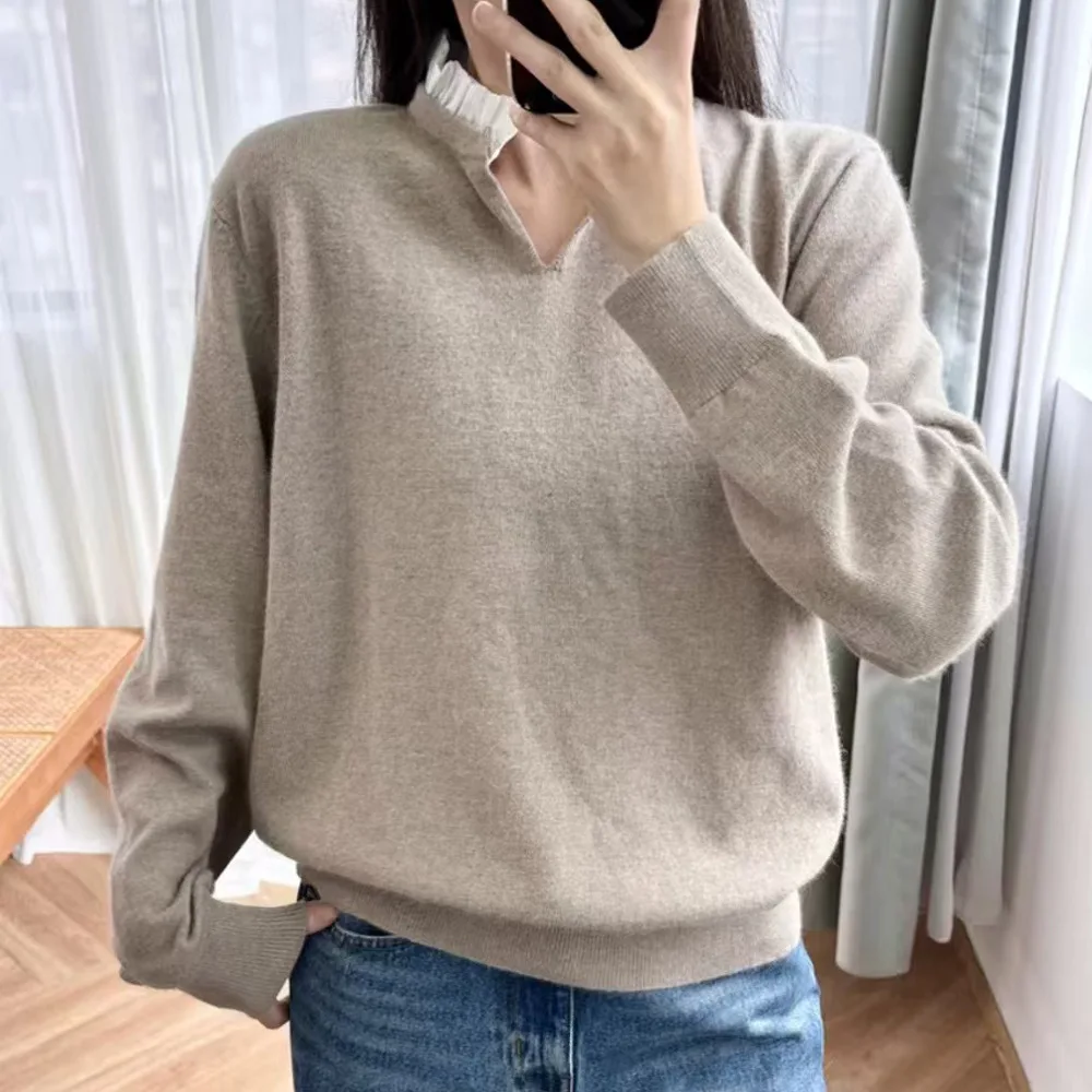 Ele المرأة محبوك سترة لينة مريحة اللون Blo هول اللكم طوق وهمية قطعتين الخريف الشتاء وصول جديد