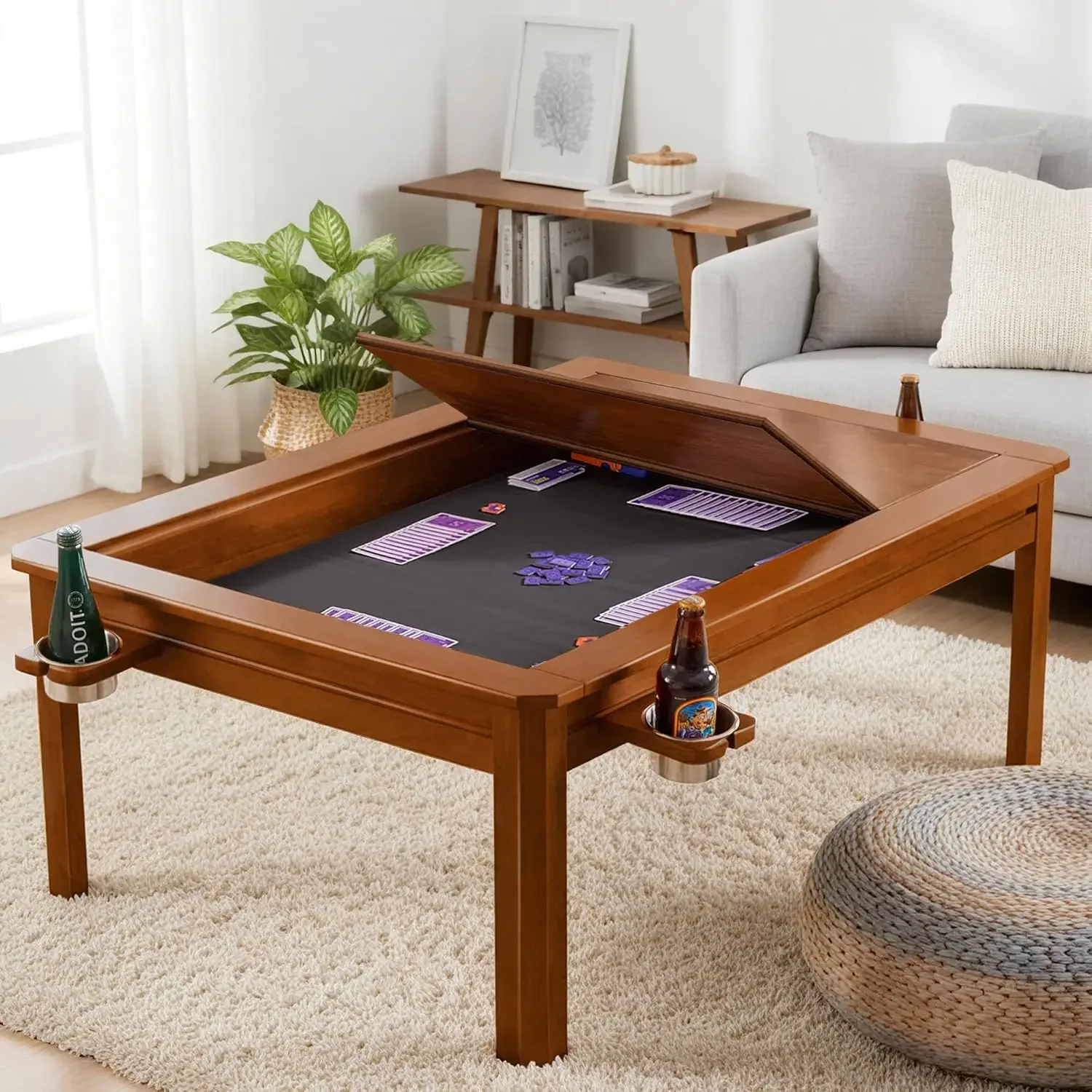 Solid Wood Board Game Coffee Table with Removable Top, 3-in-1 Gaming and Dining Table Includes Play Mat & Detachable Cup Holders