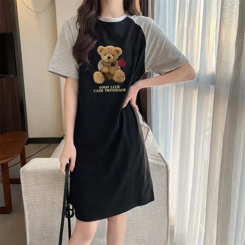 Summer Loose and Trendy Cartoon Rose Bear Print Dress for Pregnant Women in Korean Style, Simple and Casual Round-neck Dress