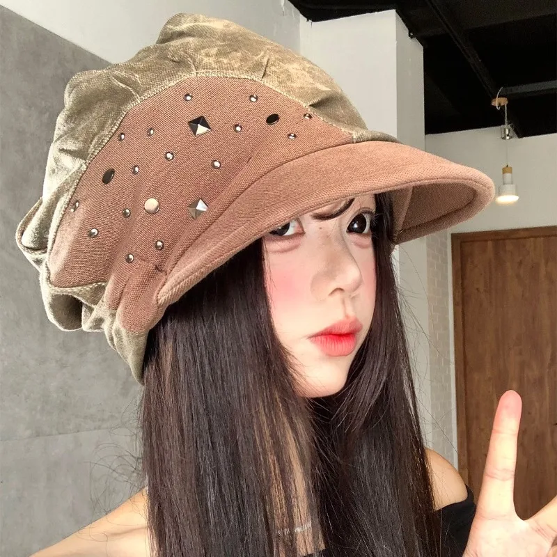 Japanische Nietenverbindung ​ ​ Kurzbrim-Mütze für Frühling und Herbst, modische Wintermütze, große Kopfbedeckung, Sonnenschutz, warme Newsboy-Kappe – Detail 1