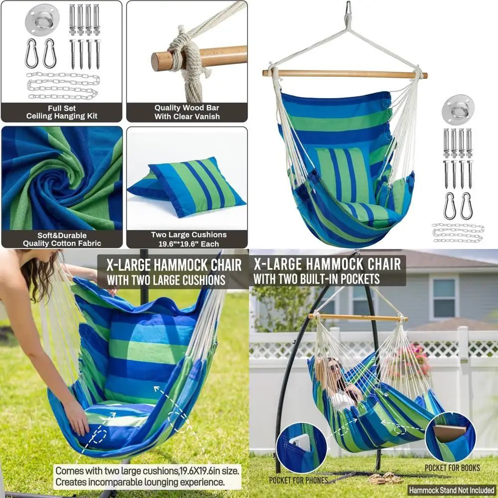 

Подвесное кресло-гамак с 2 подушками и комплектом крепежа, до 150 кг, увеличенный размер для использования в помещении и на улице, на патио, во дворе - Белый