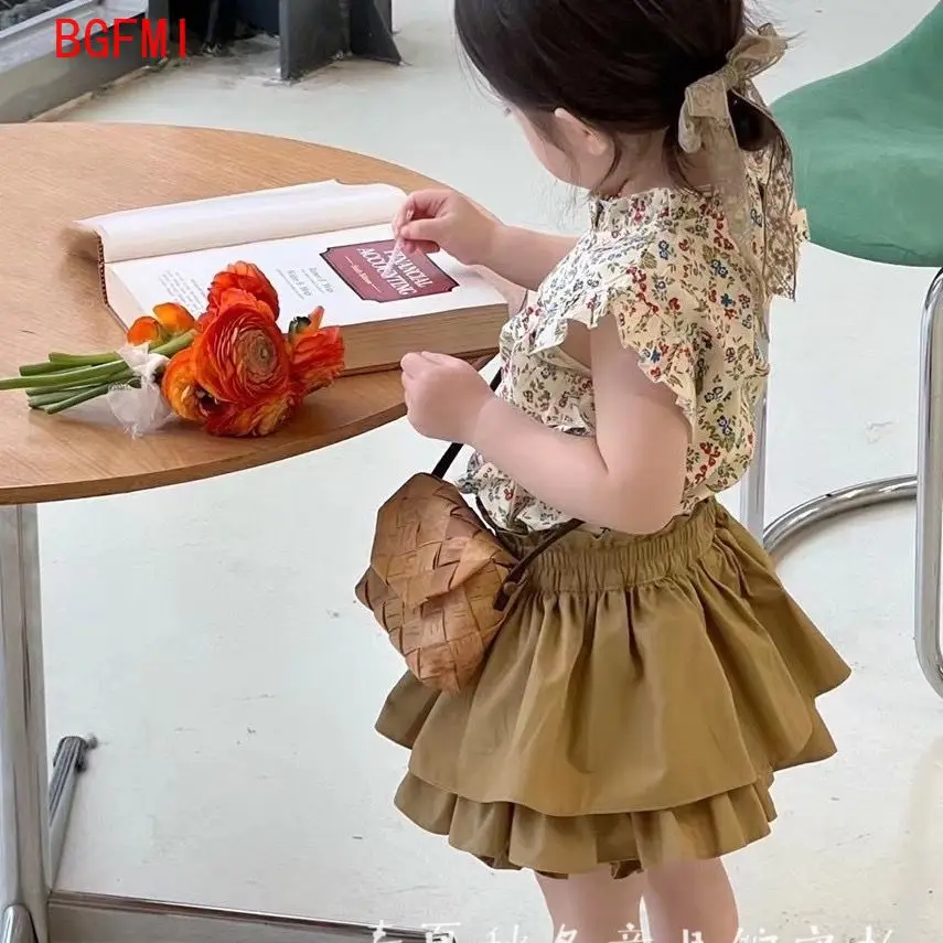 Baby Girls Clothing Set 2024 Summer New Girl Floral Suit Flying Sleeve Top+ Tiered Pantskirt Kids 2pcs Suit Baby Girl Outfit Set