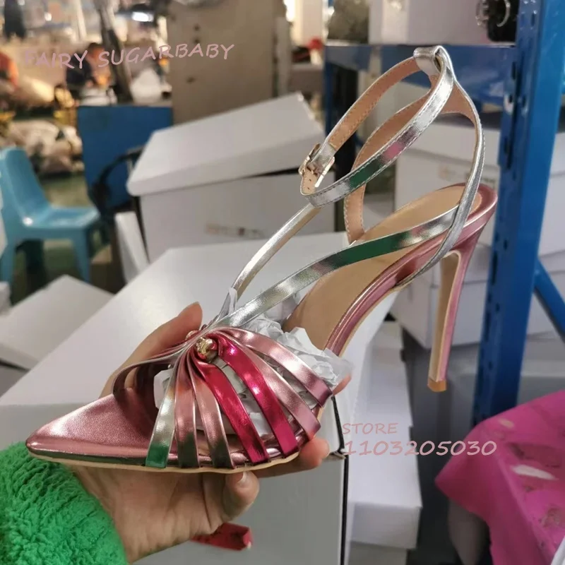 Color Belt Striped Buckle Open Heel Woman Hollow Pink Metallic Glitter Blue Sandal Weave Spring Stiletto Light Buckle Dress Shoe