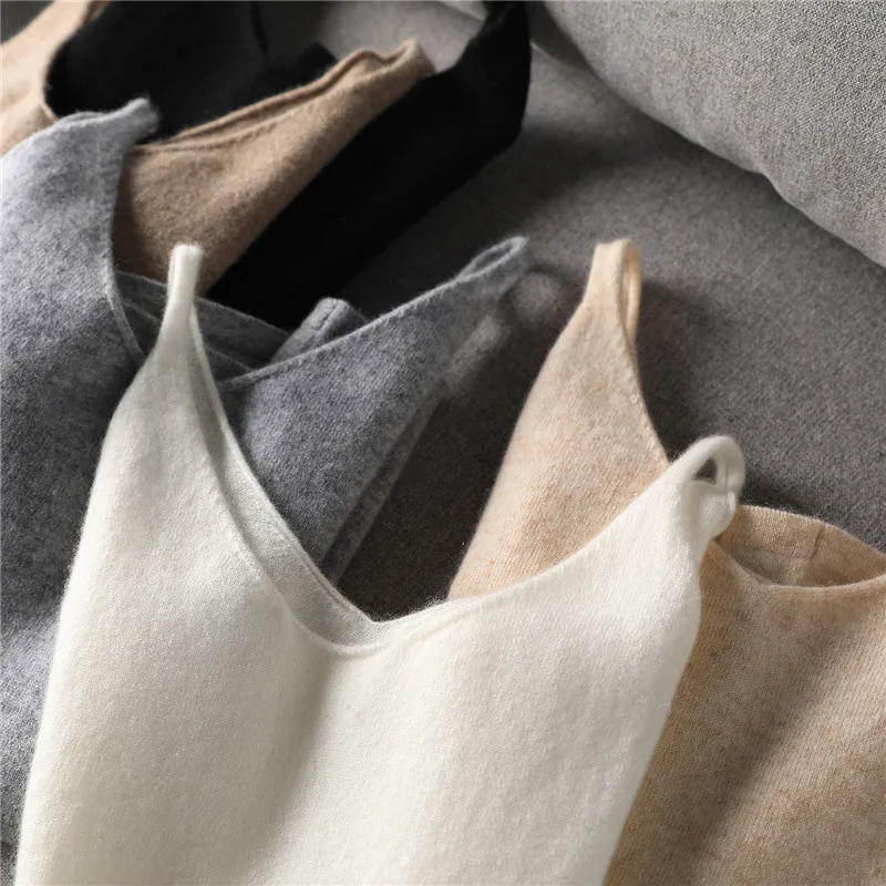 Knitted Pure Wool Vest Women's V-Neck Spring Autumn New Sleeveless Base Sweater Close Fitting Simple Versatile Trendy Camisoles