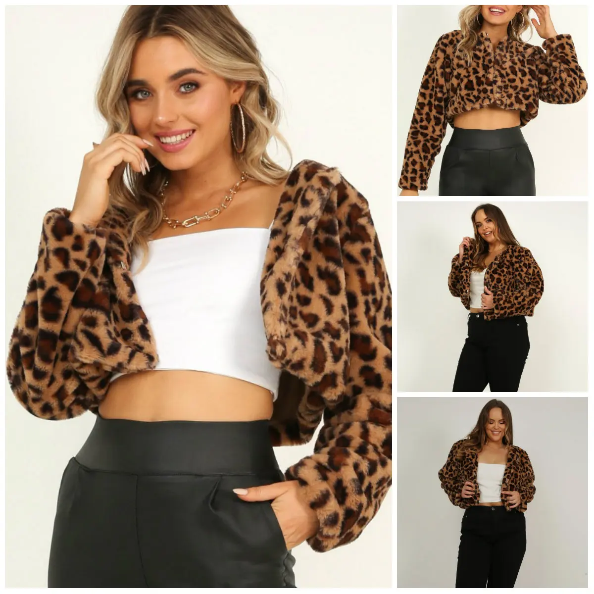 

Женская эко-пуховая куртка с леопардовым принтом, кожаная женская шуба из искусственного меха соответствующего цвета, зимняя толстая укороченная шуба для женщин