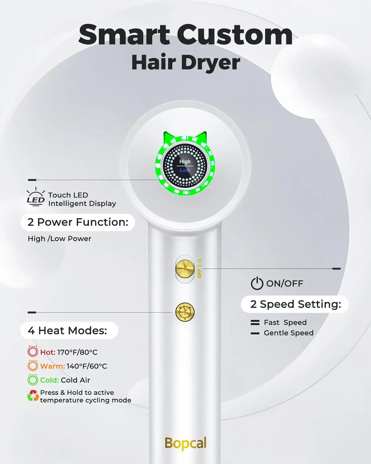 Bopcal Professional High Speed Hair Dryer 1600W Cold Hot blower Negative Ion Silent Touch Screen Hair Dryer For Home Hair Salons