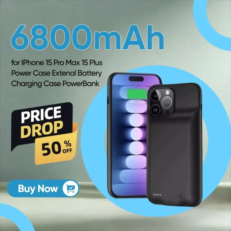 

6800mAh Smart Battery Charger Case for IPhone 15 Pro Max 15 Plus Power Case Extenal Battery Charging Case PowerBank