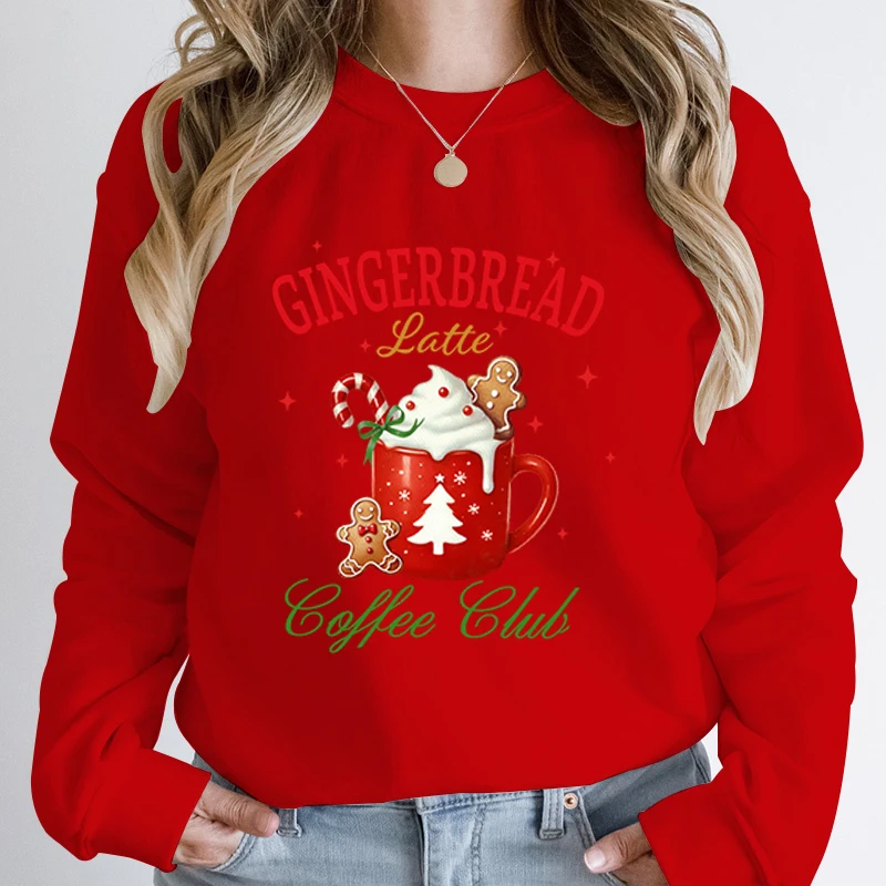 Autumn Winter Women Christmas Gingerbread Latte Coffee Club Print Round Neck Hoodless Pullovers Cute Casual Pure Color Pullovers