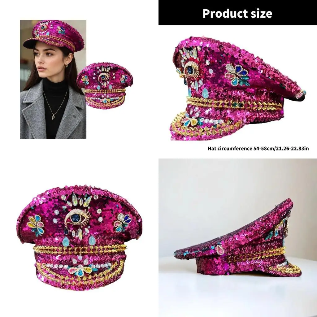 

652F Jeweled Hat Heavy Crystal Captain Hat Headgear for Women Dancer Comedian