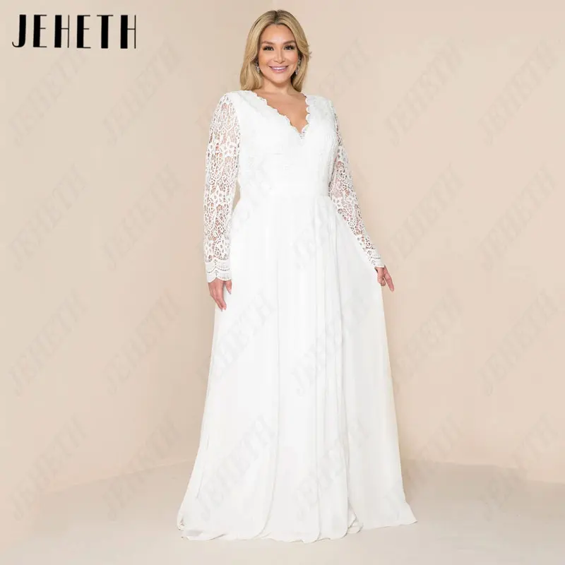 

JEHETH V-Neck Full Sleeves Wedding Dresses Plus Size Chiffon A-Line Appliques Bridal Gowns Sexy Lace Elegant Vestido De Mariages