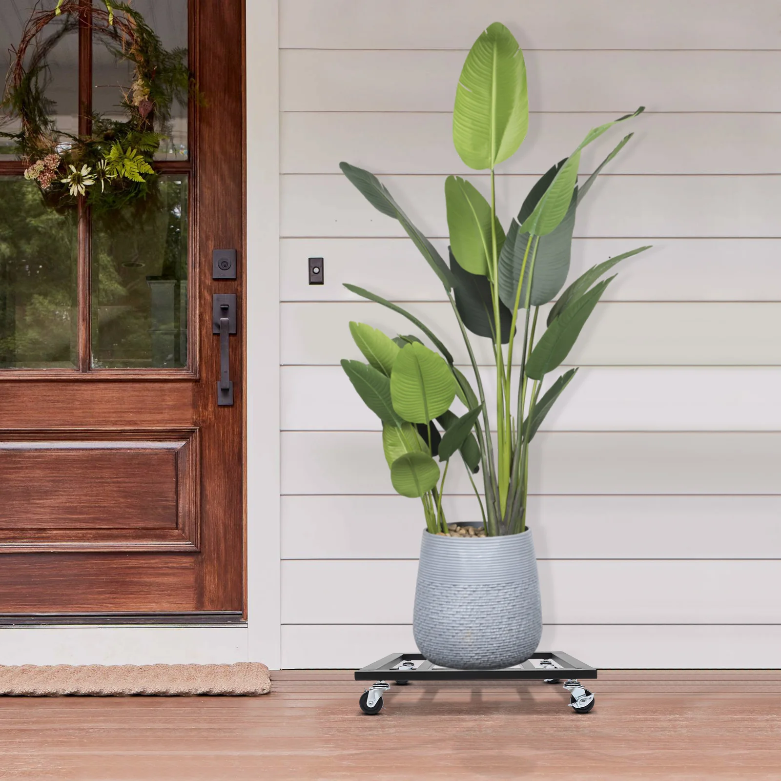 

16x16In Plant Stand with Wheels Black Rolling Flower Pot Tray Holder | Modern Iron Plant Caddy Durable Plant Tray Rack for Patio