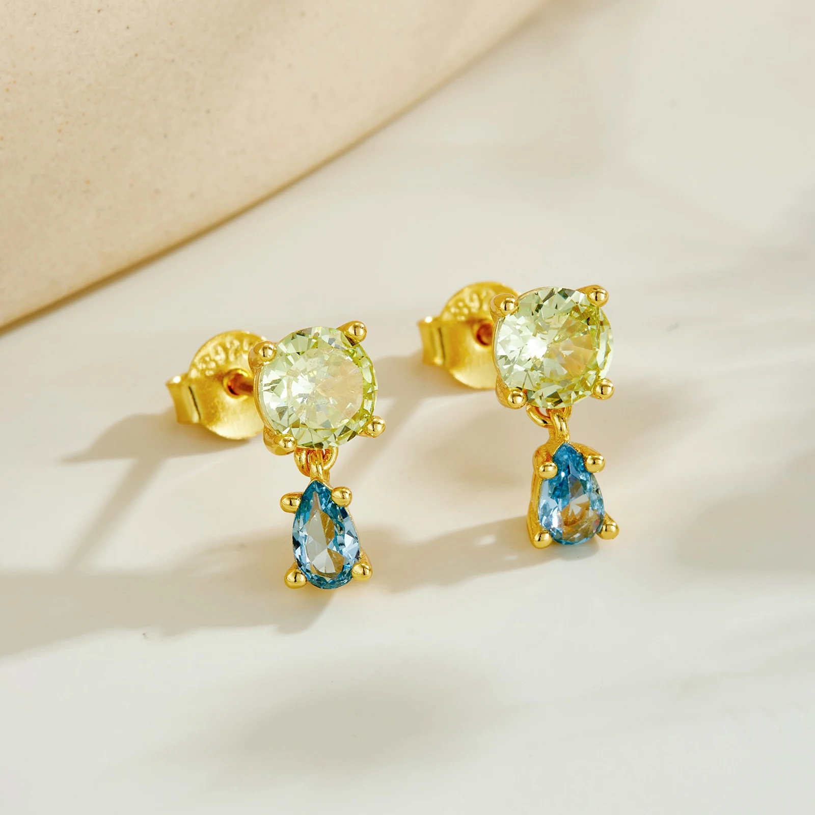 ANDYWEN 925 Sterling Silver Lemon Yellow Round Aquamarine Blue Pear Shaped Zircon Stud Earring Jewelry for Daily/Date/Office