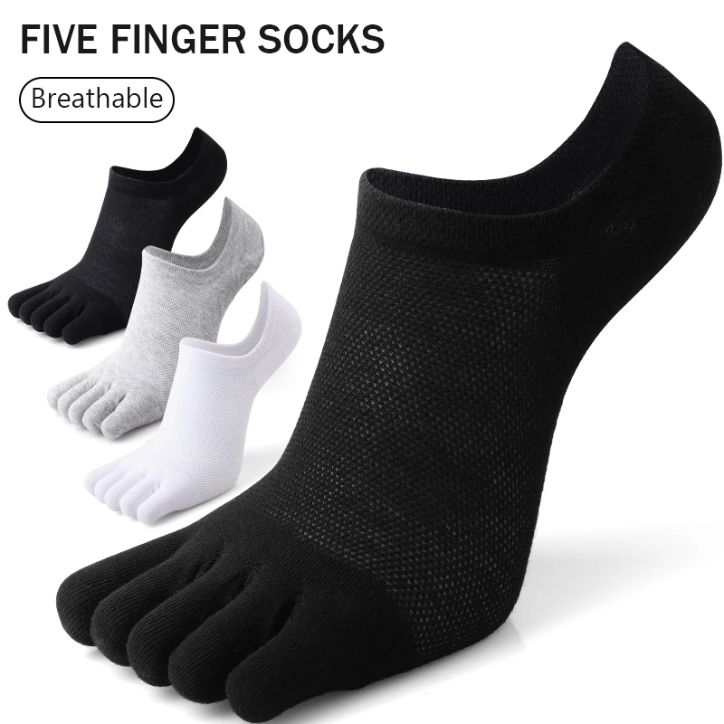 3 Paar Fünf-Finger-Yoga-Socken für Herren, Sommer-Mesh, atmungsaktiv, unsichtbar, Bootssocken, dünne Outdoor-Sport-Zehensocken mit flachem Mund