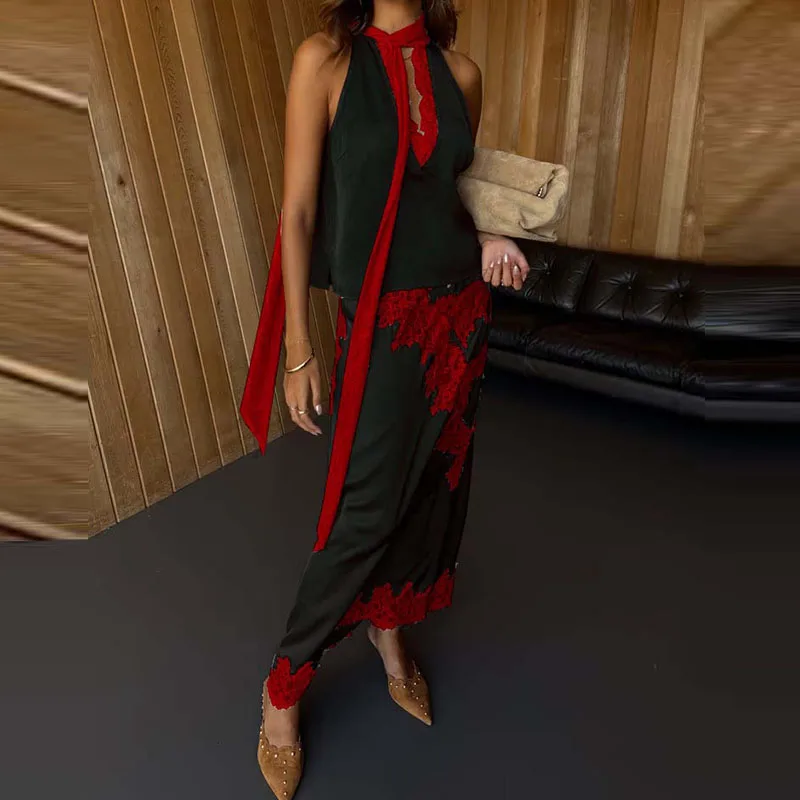 مثير الدانتيل والتطريز الربط تنورة الزي أنيقة الخامس الرقبة الدانتيل متابعة القمم وتنورة طويلة المرأة دعوى عادية أكمام الصلبة الساتان مجموعة #6