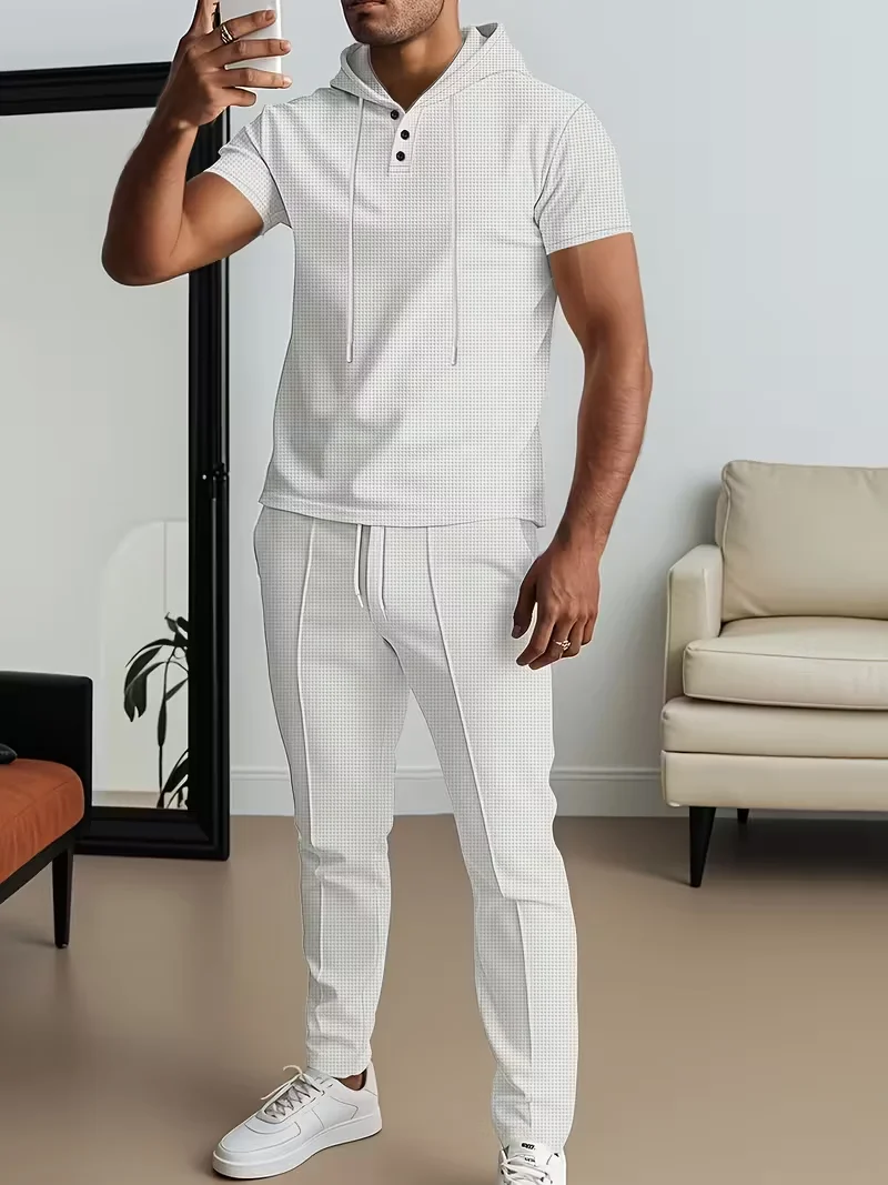 Men's Spring and 2026Autumn Top New Solid Color Button Pocket Shirt Men's Casual Shirt Short Sleeve Pants Set