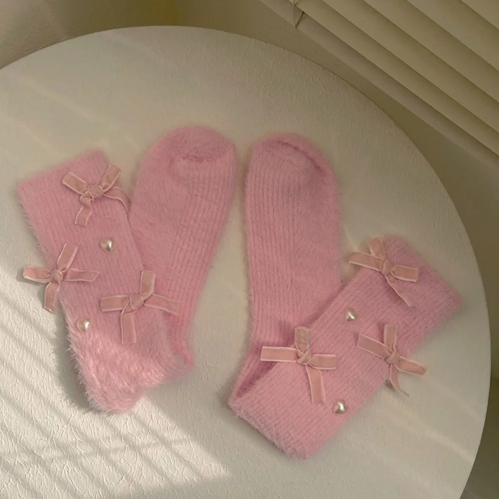 

Lovely Thickened Velvet Socks Fluffy Bow Keep Warm Middle Tube Socks Heart-shaped Pearls Solid Color Winter Socks Winter