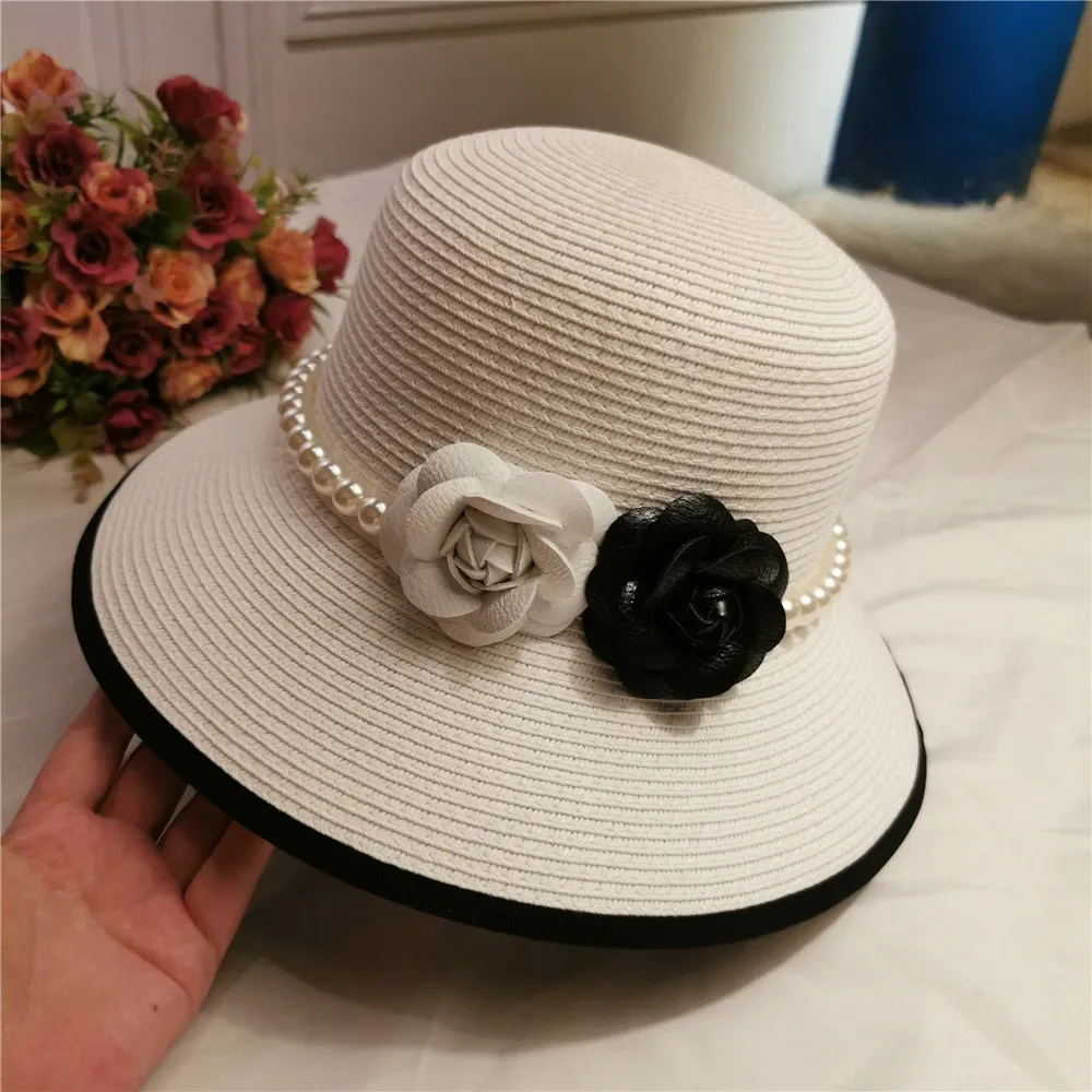 French retro elegant straw hat Hepburn pearl flower fisherman hat seaside holiday beach hat sunshade sunblock hat lady