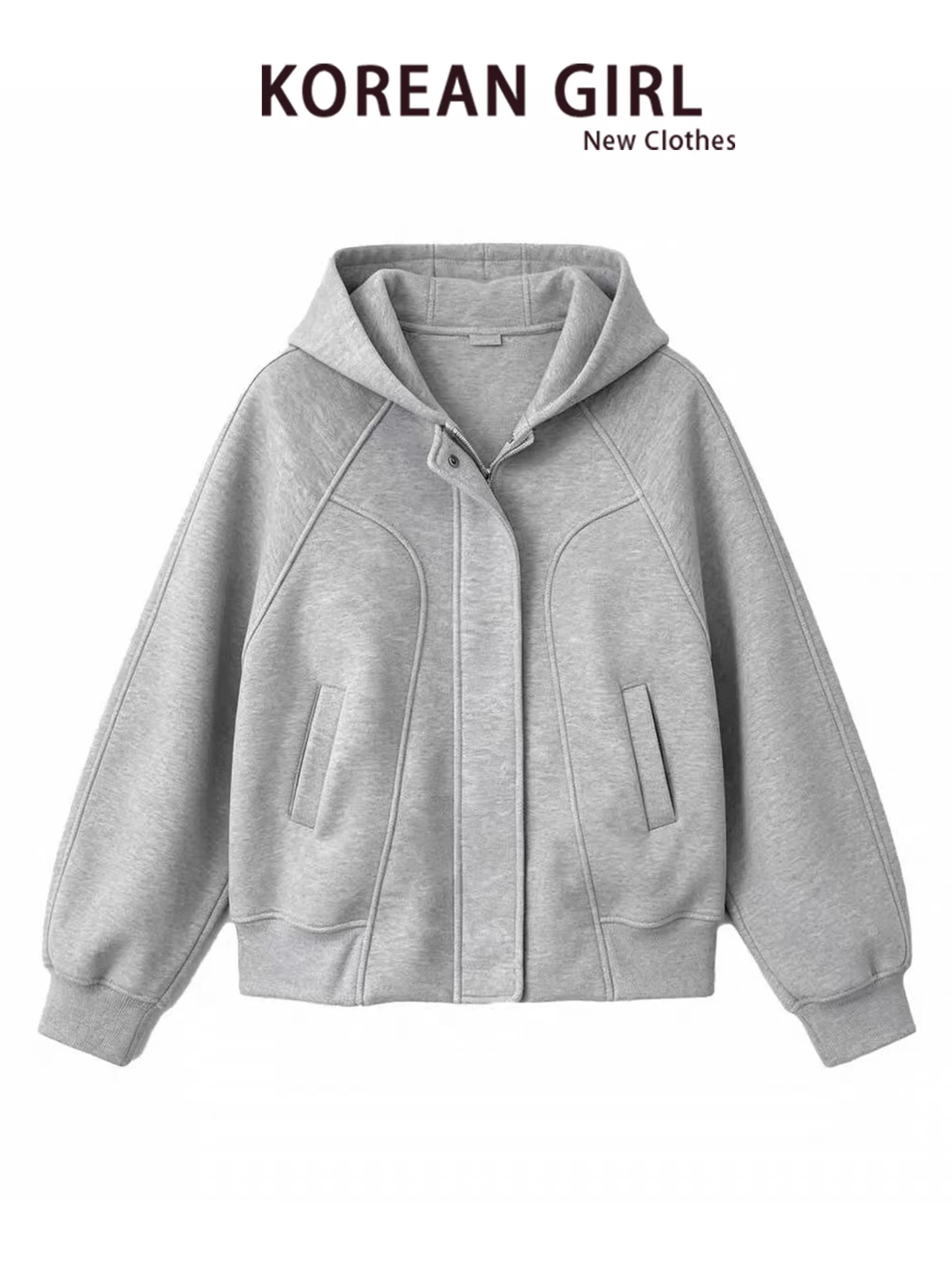 Gray Hoodie Jacket Women's Spring Autumn 2026 New American Style Super Popular Short Top Casual Loose Fit Warmth Inner Zipper