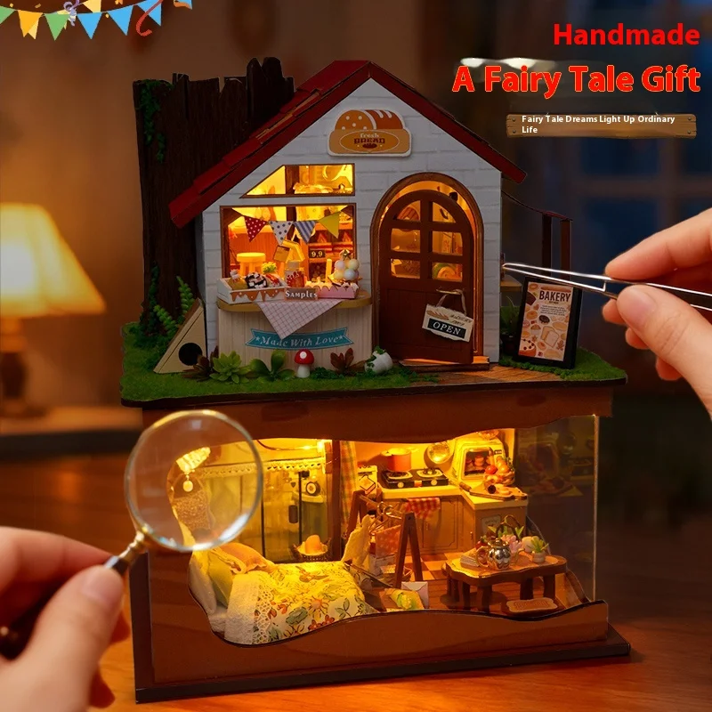 Diy Wooden Bakery Store Casa Doll Houses Miniature Model Kits Forest Bedroom Dollhouse With Furniture For Girls Birthday Gifts