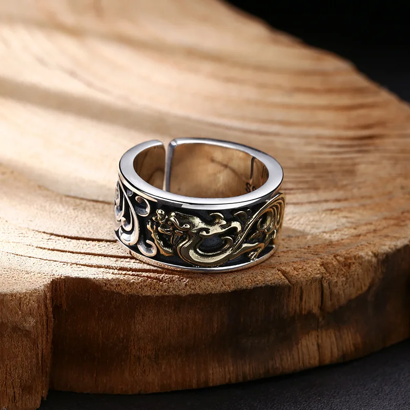 sterling silver ring gold silver tangcao dragon pattern ring rings opening Thai silver vintage trendy unique ornament