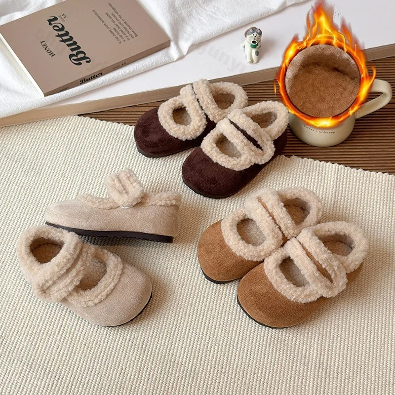 

Children Casual Cotton Shoes 2025 Autumn Winter New Girls Retro Mary Jane Shoes Kids Non-Slip Comfortable Warm Plush Flat Shoes