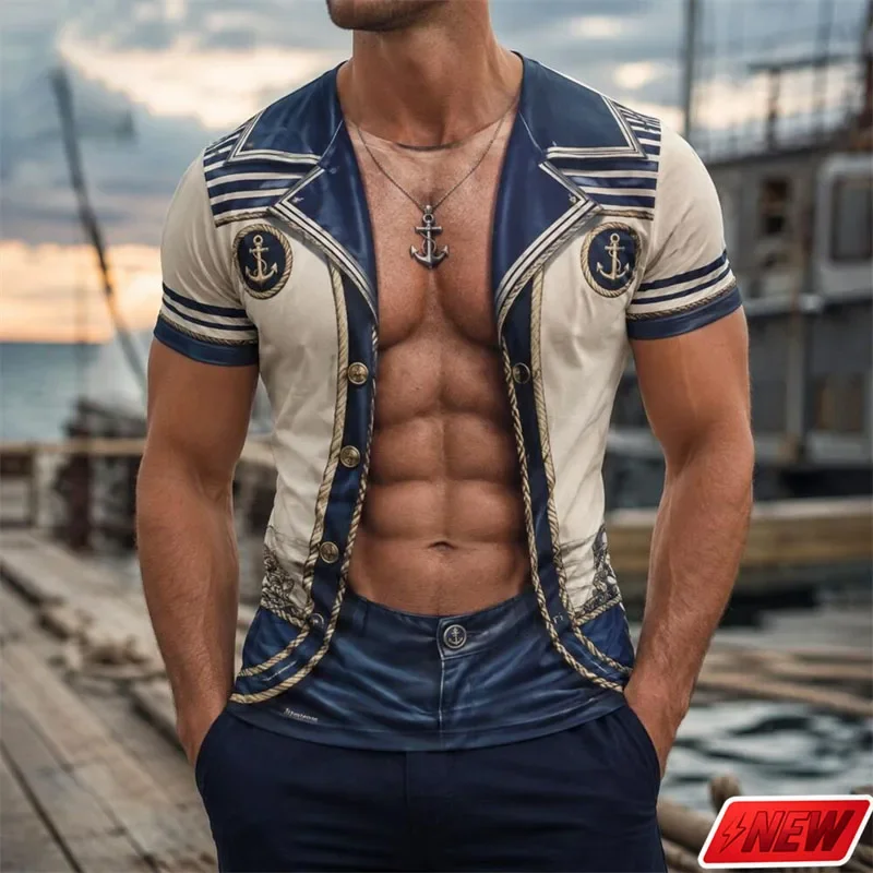 Kreatives, lustiges T-Shirt für Herren – Matrosenuniform, Piratenschädel, Schiff, Anker, 3D-Druck, große Größe, kurzärmelig – Kostüm-Party-Oberteil – Detail 19