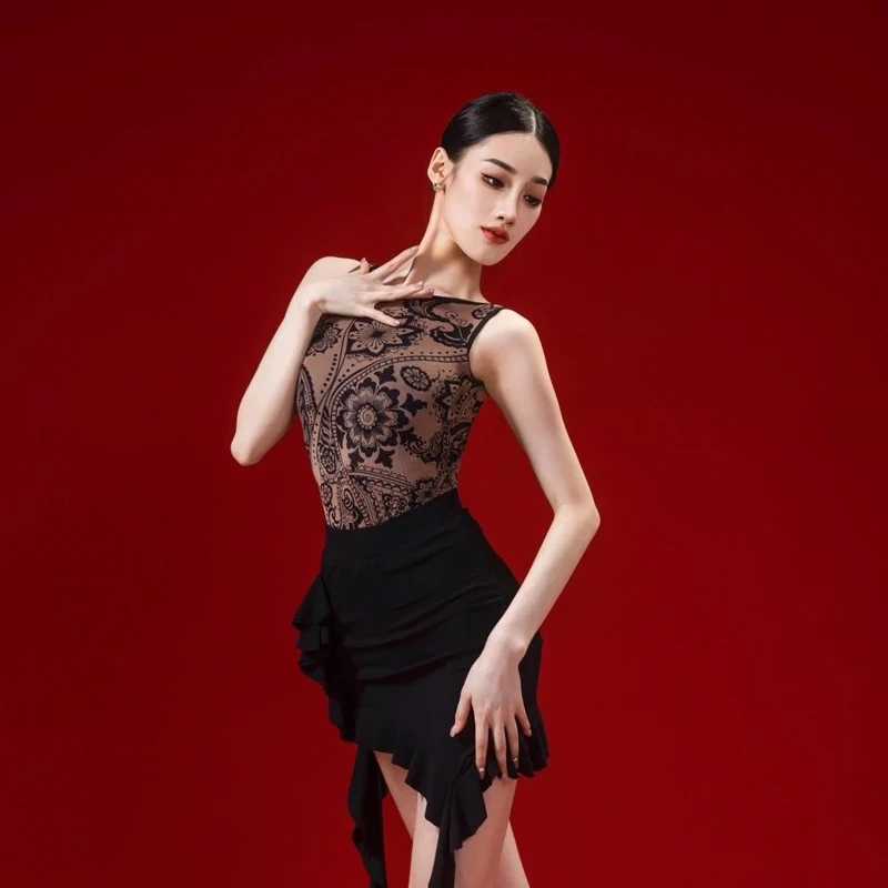 Latin Dance Dress Set for Women Ballroom Dance Sleeveles Bodysuit Training Clothes Adult Samba Rumba Tango Practice Dncewear