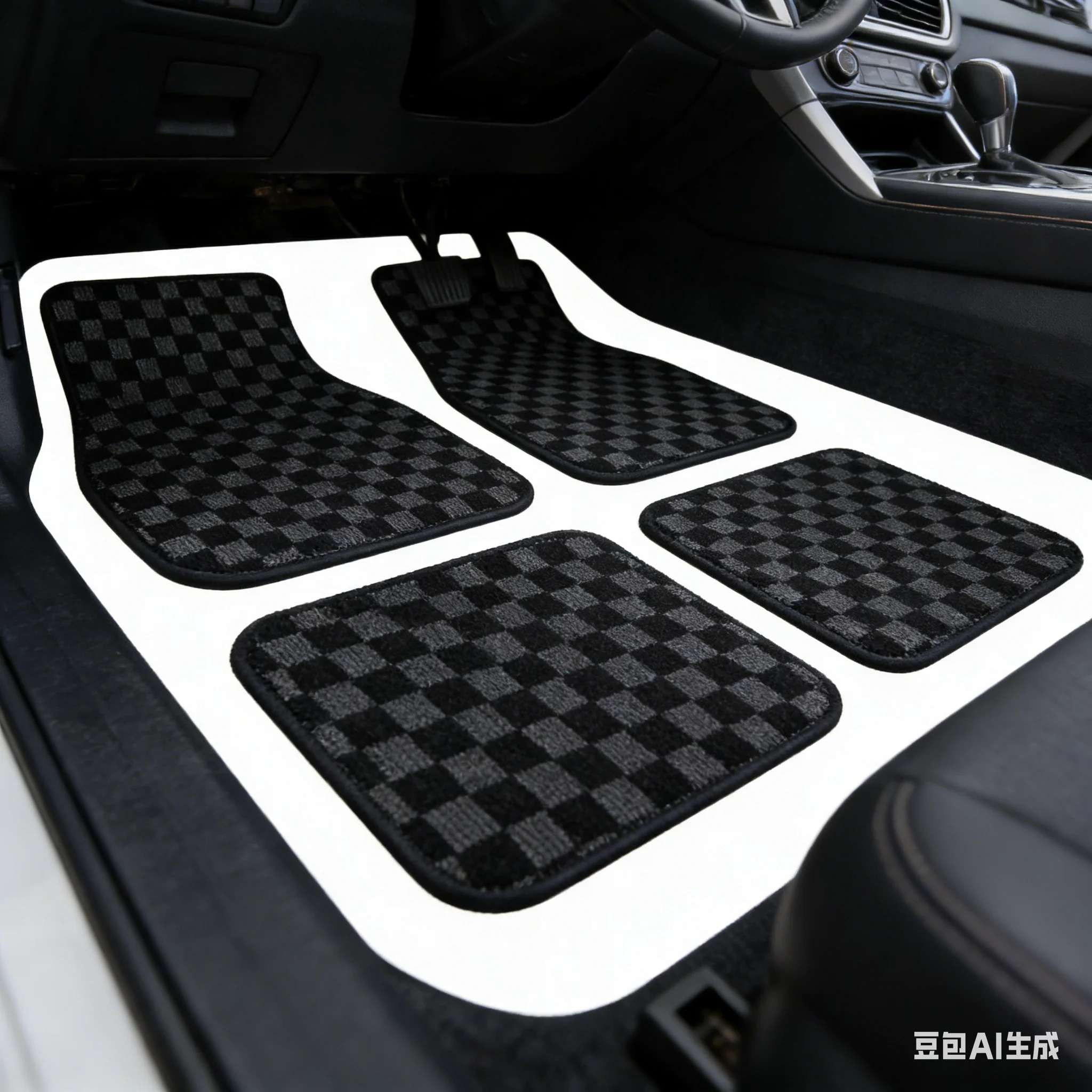 4pcs Checkered Floor Mats Front & Rear Anti-Slip Car Carpet Set Universal Fit Auto Interior Accessories