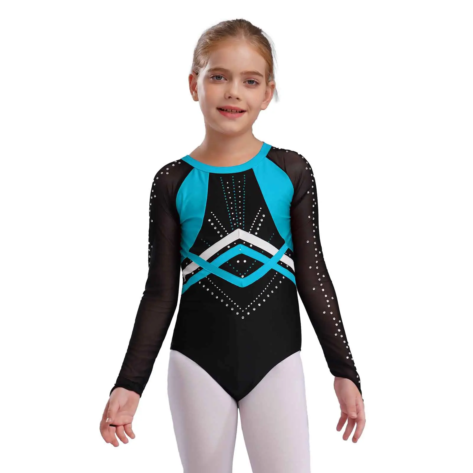

Kids Girls Gymnastics Leotard Sheer Mesh Long Sleeve Color Block Patchwork Shiny Rhinestones Bodysuit Figure Skating Unitards