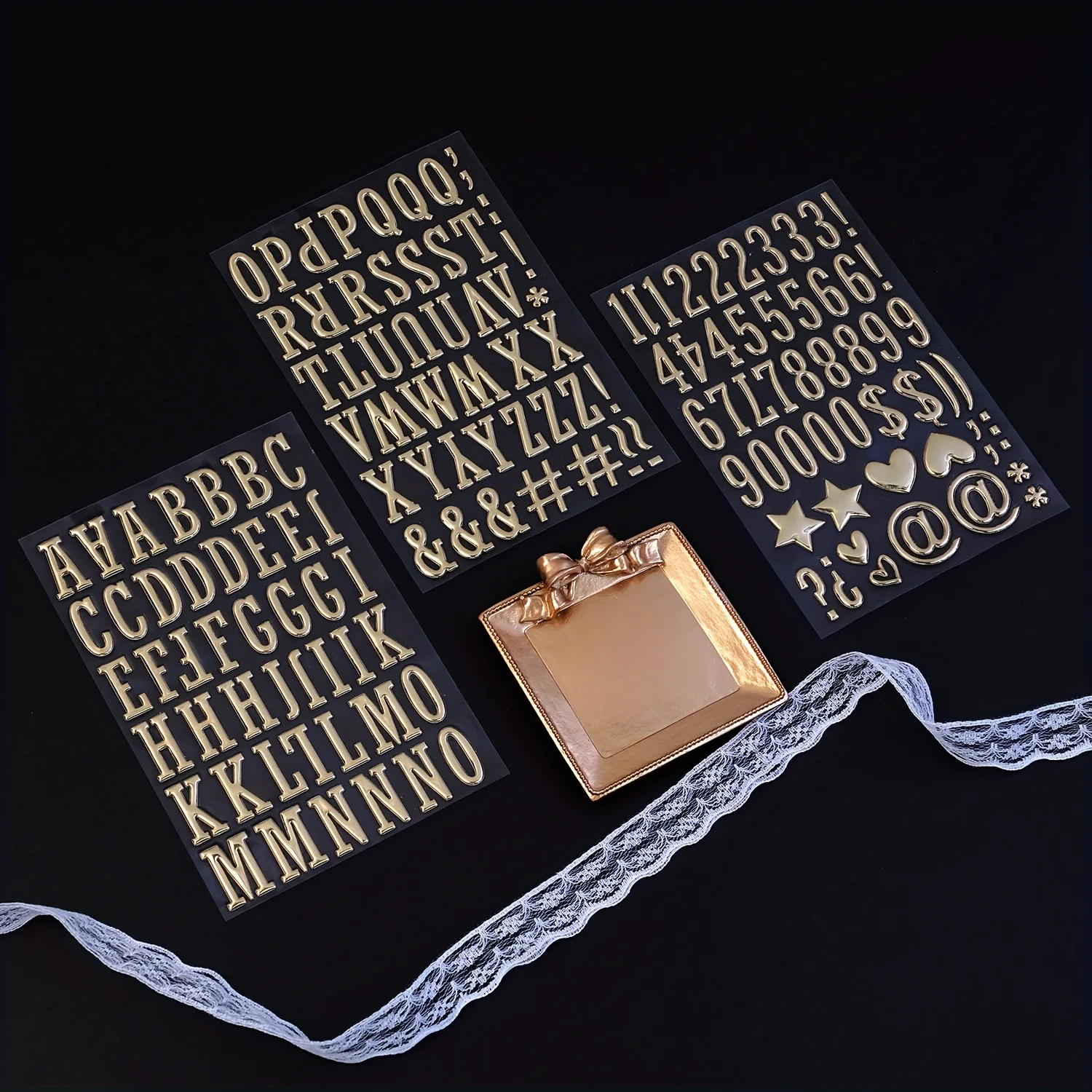 3 Sheets,  Premium Bronzing Alphanumeric Sticker Set | Contains 26 LettersSymbols | Comes with Adhesive-Backed Bubble Stickers