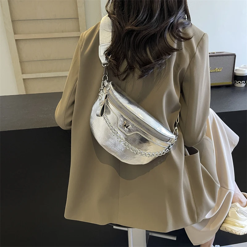 New Women Chest Bag Casual Banana Bag Chain Cross Body Bag Ladies Handbags Female Sling Waist Pack Half Moon Belt Bag Fanny Pack