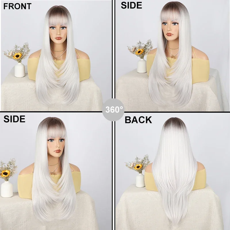 White Layered Wigs for Women Long Natural Straight Wig with Bangs Black Synthetic Heat Resistant Fake Hair Cosplay Wig Lolita