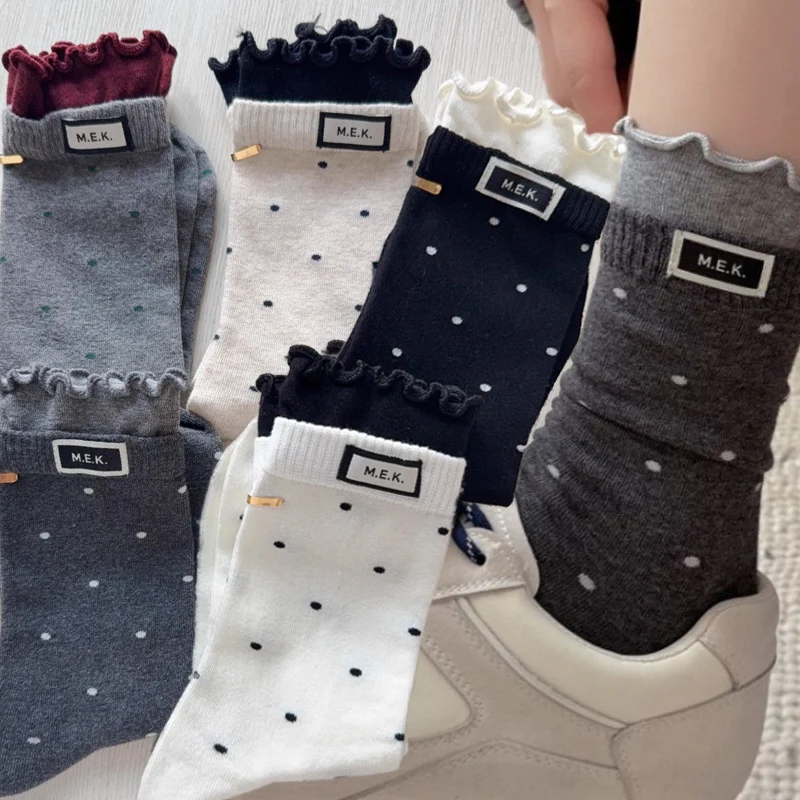 

Vintage Dot Ruffle Socks Women Cotton Ruffles Frilly Edge Long Socks Fashion Breathable Casual Soft Comfortable Middle Tube Sock