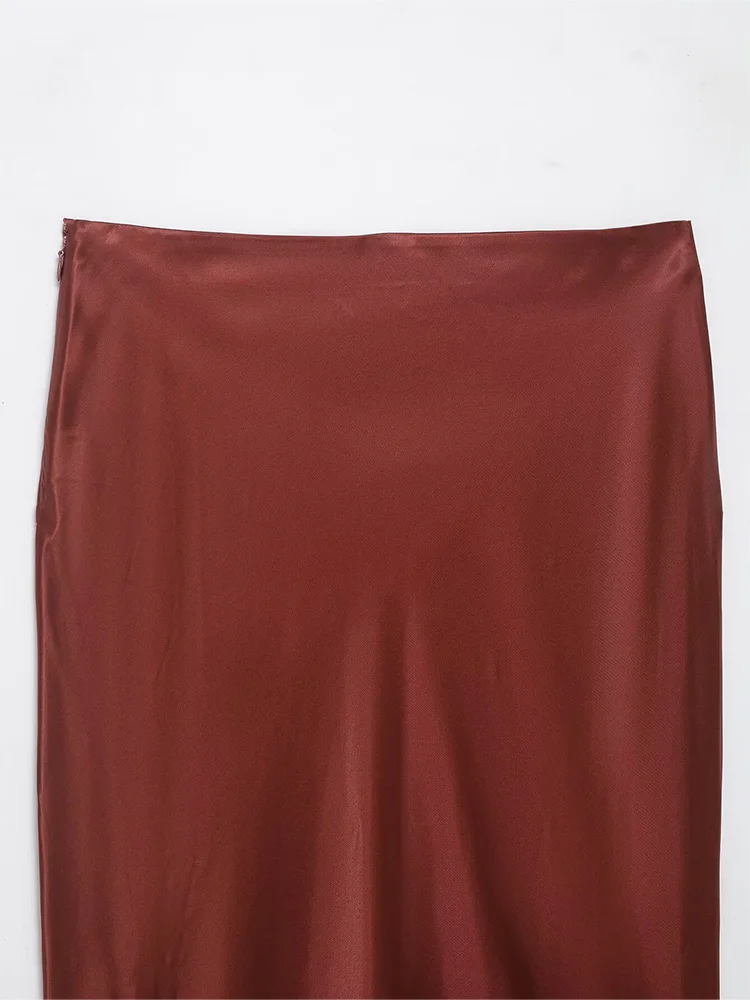 HH أزياء المرأة عالية الخصر الدانتيل الديكور تنورة طويلة الساتان الملمس تنورة المرأة الجانب سستة فضفاضة الشارع نمط ميدي تنورة