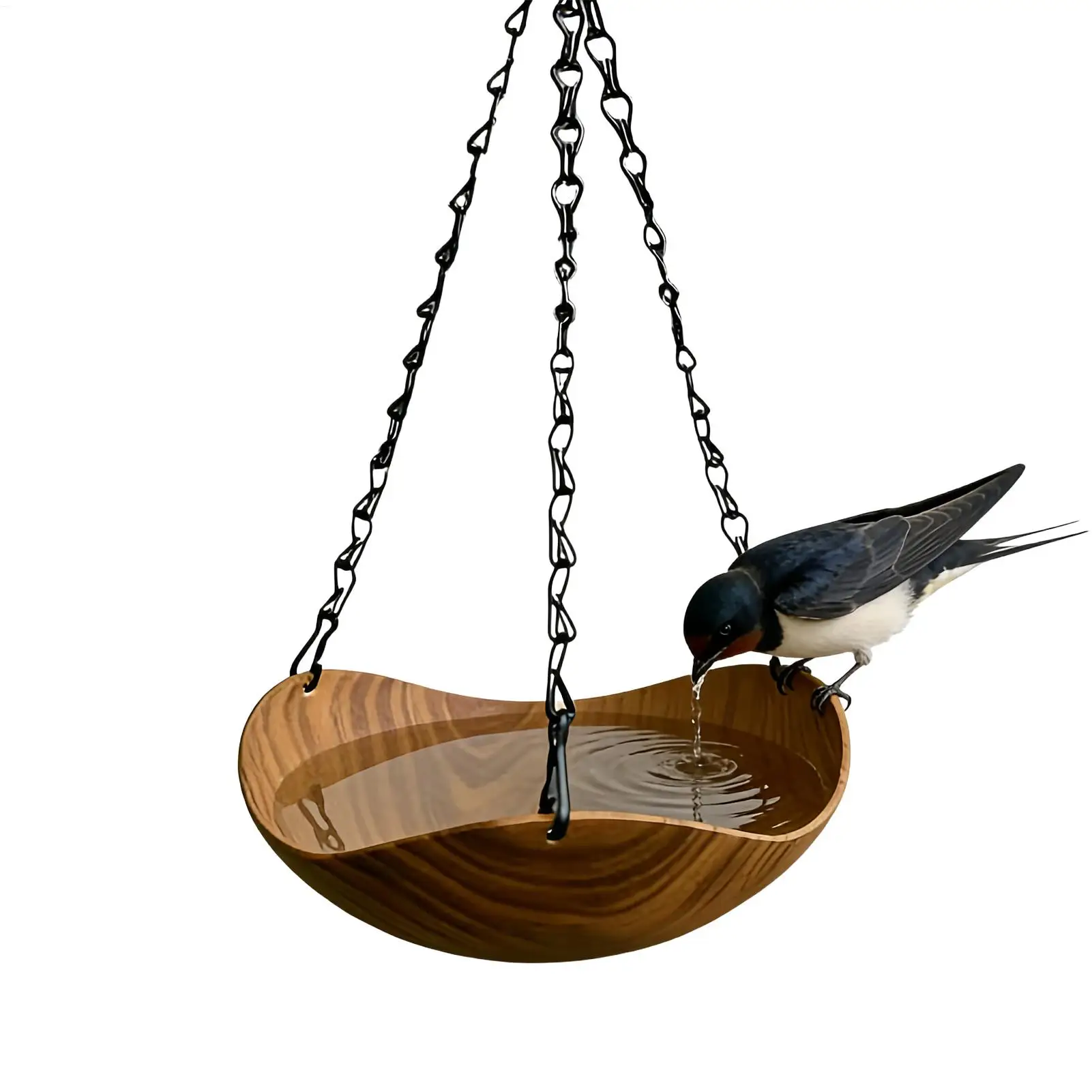 Wood Grain Hanging Bird Feeder Bird Bath Combo, Plastic Bowl Bird Water Station with Iron Chains S Hooks for Outdoor Yard
