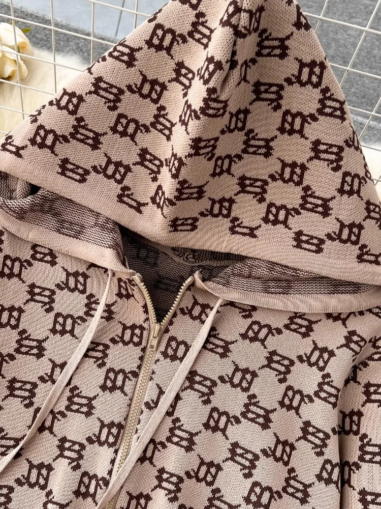 Vintage Gestrickte Anzug Hohe Qualität Sets 2025 Frühling Herbst Plaid Mit Kapuze Top Mantel Breite Bein Hosen Mode Freizeit 2 stück Set Frauen