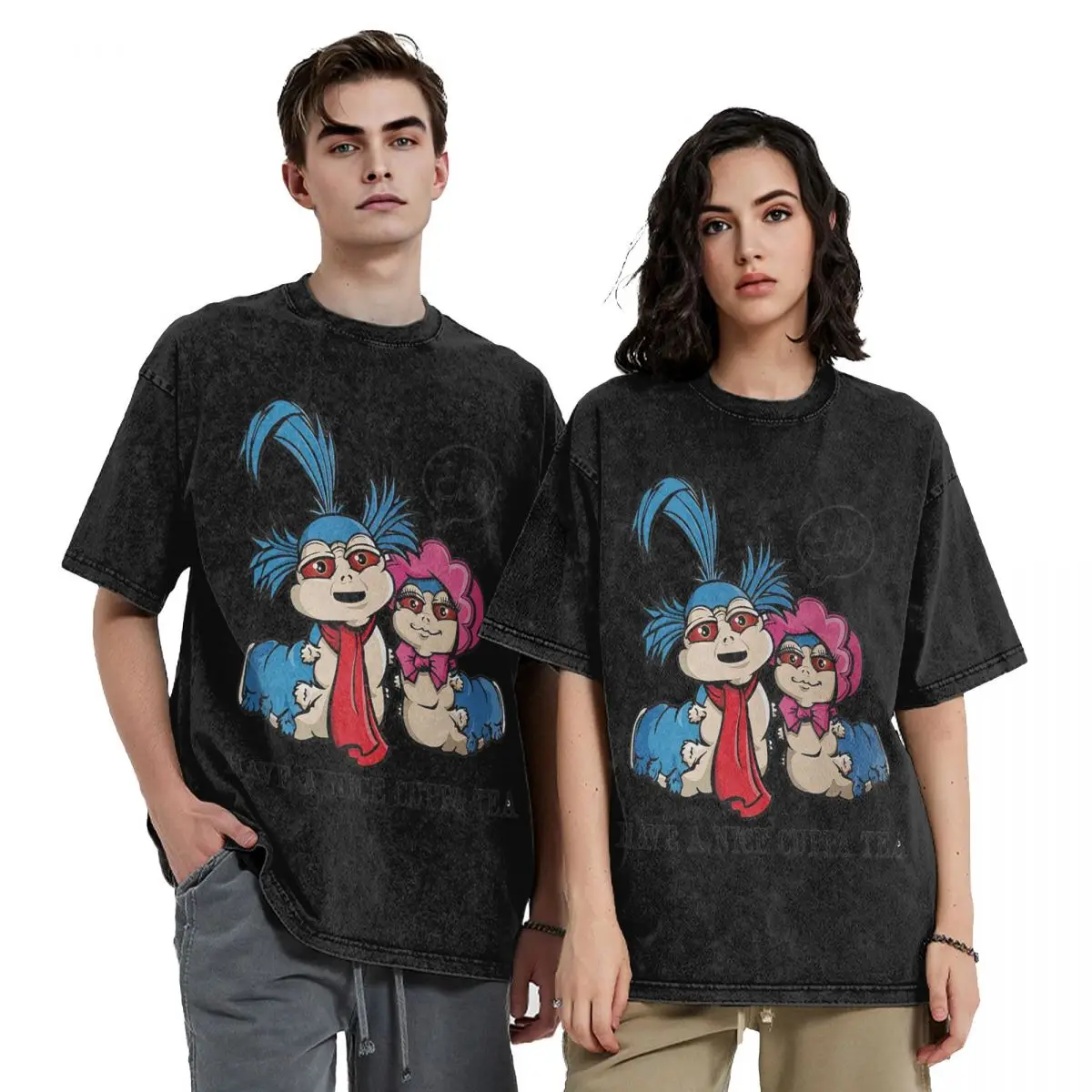 Ello! The Worm - Labyrinth Washed T Shirts Vintage Short Sleeve Hip Hop T-Shirt Streetwear Tops Tees for Men Women