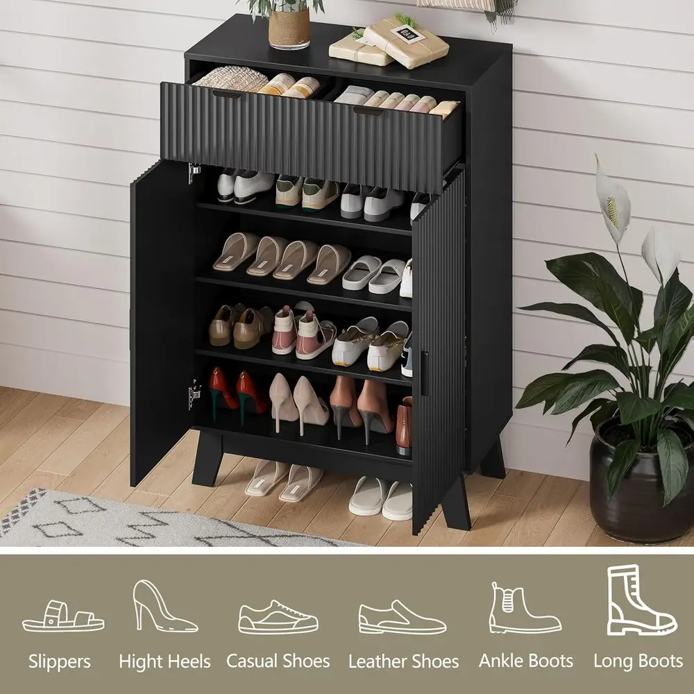 خزانة أحذية مكونة من 4 طبقات للمدخل مع درجين، رفوف قابلة للتعديل، تصميم نحيف باللون الأسود #4