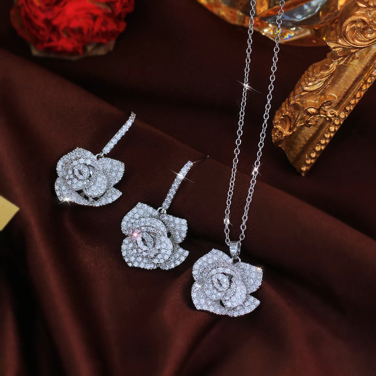 CWWZircons Geometric Flower Design Cubic Zircon Fashion Brand Women Rose Gold Color Earrings Necklace Pendant Jewelry Sets T0015