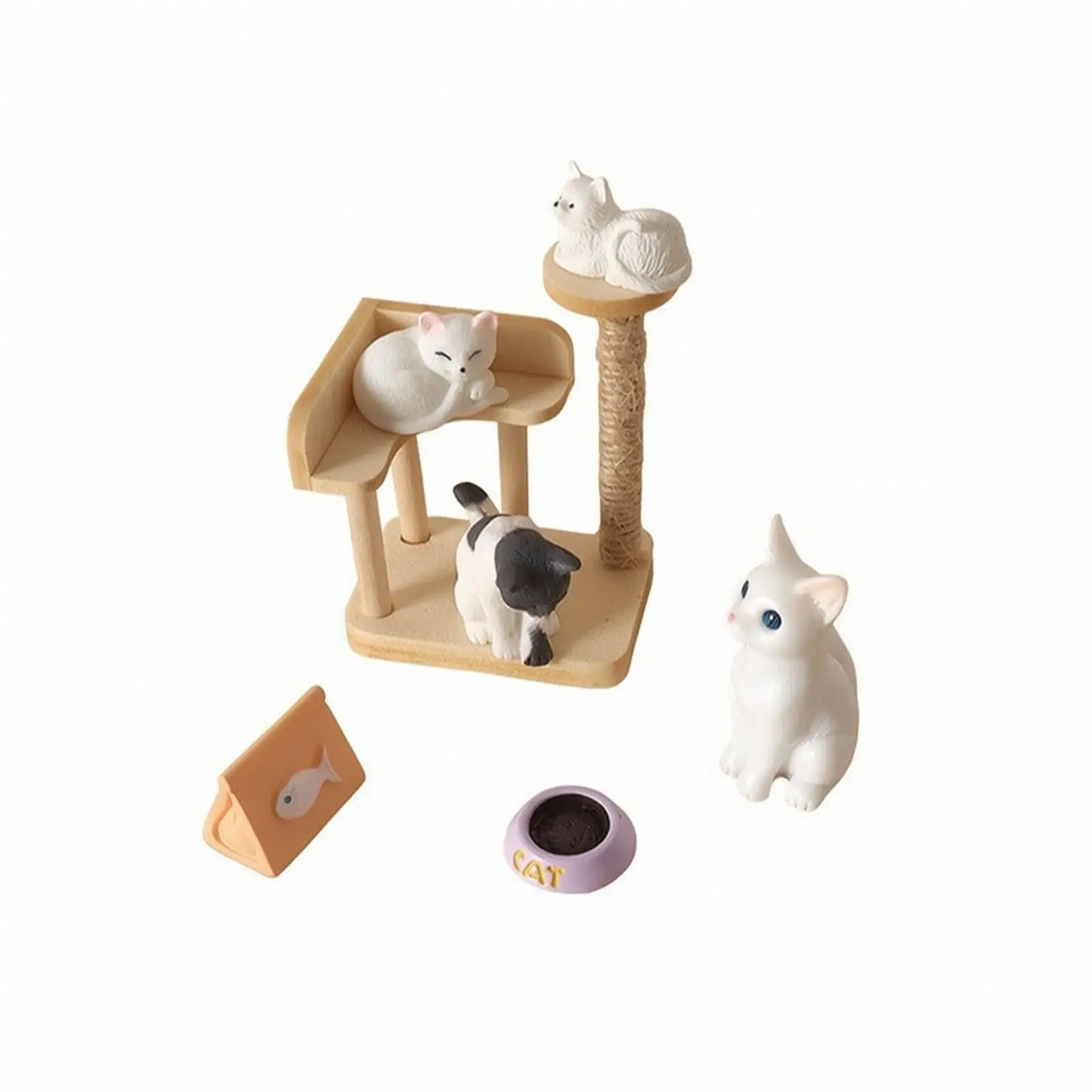 Resin Cat Shelf Playset Miniature Dollhouse Decor 7pcs Wood Base Perch Figurines for Tiny Tabletop Photography Styling