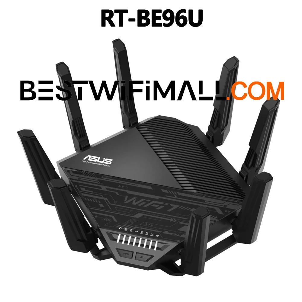 

Маршрутизатор ASUS RT-BE96U BE19000 WiFi 7, трехдиапазонный, полоса пропускания 320 МГц, 4096-QAM, Multi-Link Operation (MLO), два порта 10G, AiMesh