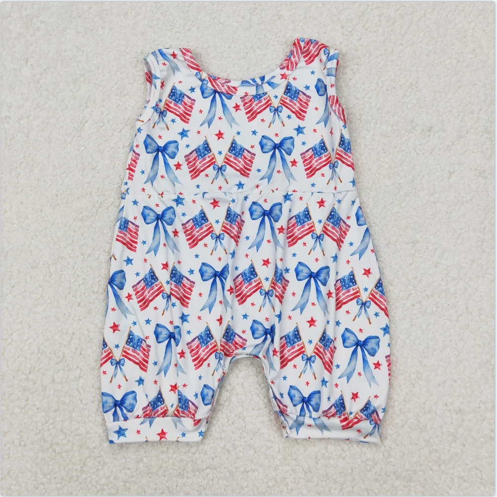 

Hot sale girls Bubble Summer Jumpsuit baby clothes Baby Girls Sleeveless Red Blue Bows Flags 4th Of July toddler Girls Rompers