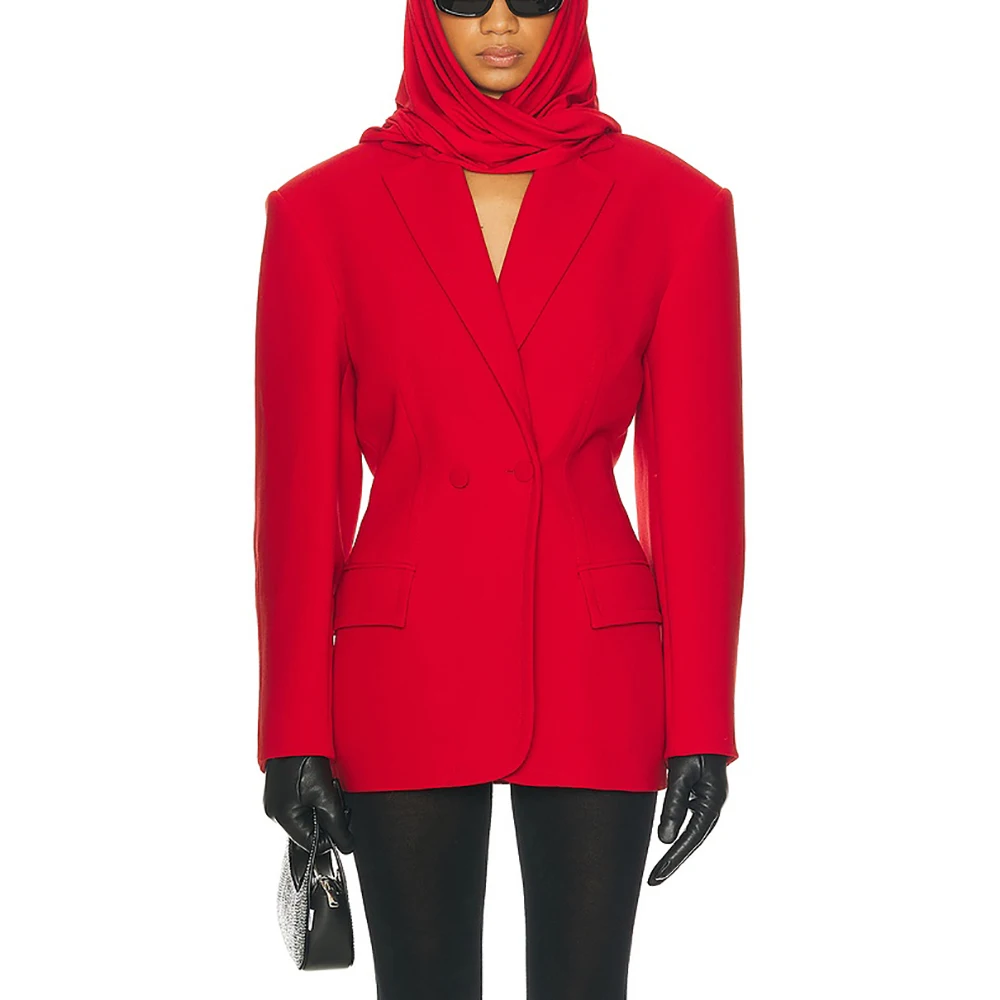 Red Double Breasted Suit Jacket for Women,Long Sleeve Top,Tie Waist,Simple Fashion,Commuter,Elegant,New,Fall and Winter,Y2k,2024