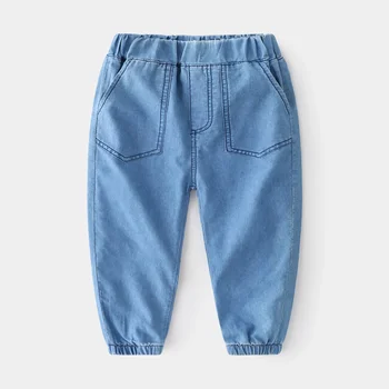 1-6Y Kids Boys Jeans Korean 2026 Spring Elastic Waist Denim Pants with Pockets Stylish Soft Autumn Casual Solid Color Trousers 4