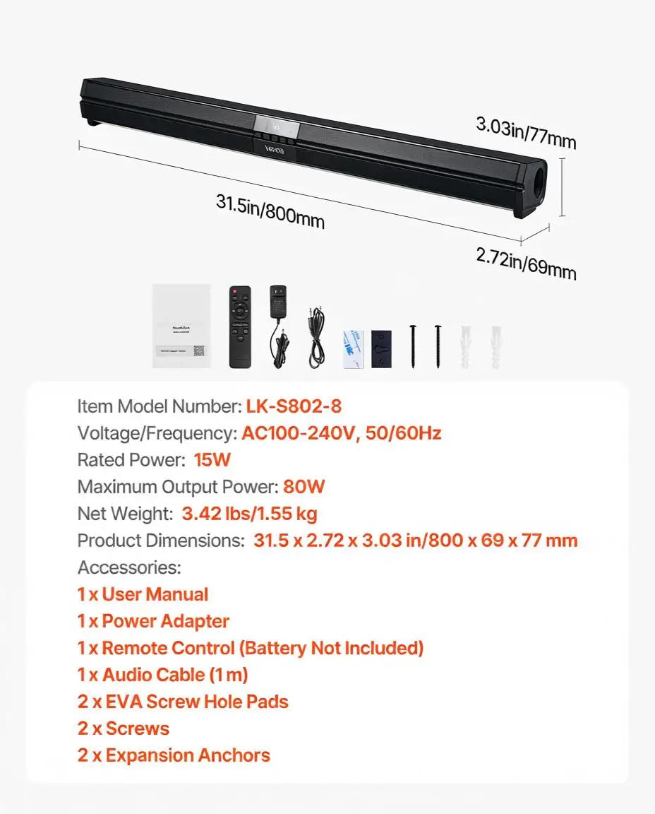 

Саундбар для Smart TV, 2.0-канальный, 32-дюймовый компактный саундбар, динамики для телевизора и проектора, подключение Bluetooth/AUX, пульт дистанционного управления