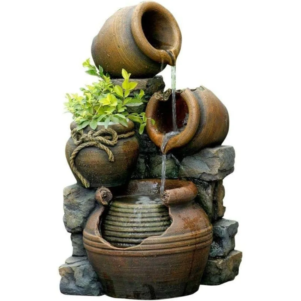 Multi Pots Outdoor Water Fountain with Flower Pot, 12.6L X 13.4W X 23.6H, Multicolor