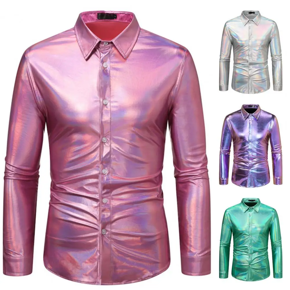 Breathable Glossy Shirt Sequin Disco Shirt for Men Long Sleeve Button Down Party Costume with Shiny Golden Design for Christmas