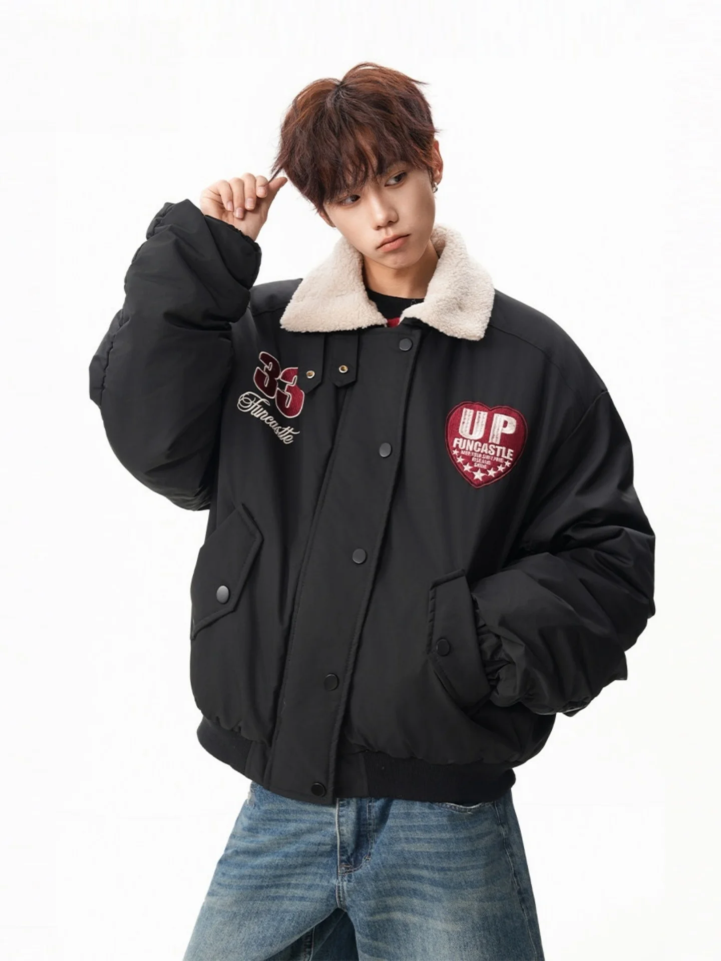 

Thiened Lamb Fur Splicing Collar Cotton Jaet Men Women Winter Warm Baseball Sle Coat Youth Casual Long Sve Zipper